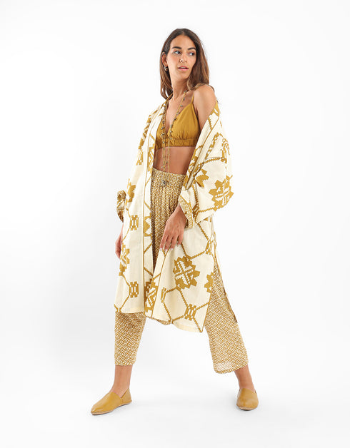 Printed harem pants with pleats on the front and back